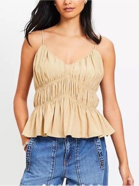 LOFT Neutral ruched Smocked V-Neck Peplum Cami $54.95 Flowy Tank Top | Medium